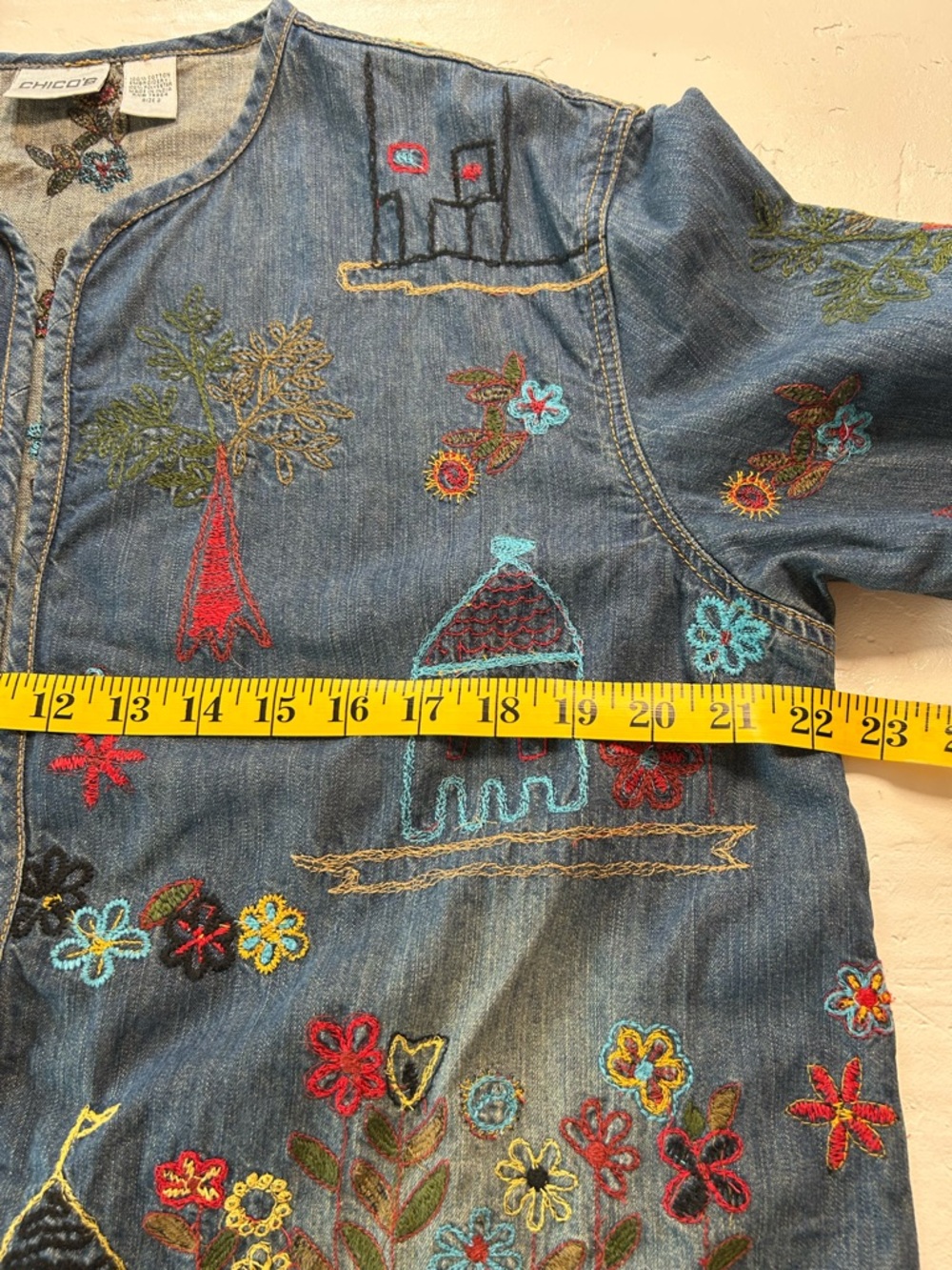 Chico's Blue Denim Jacket with Multicolor Embroidery - Picture 9 of 12